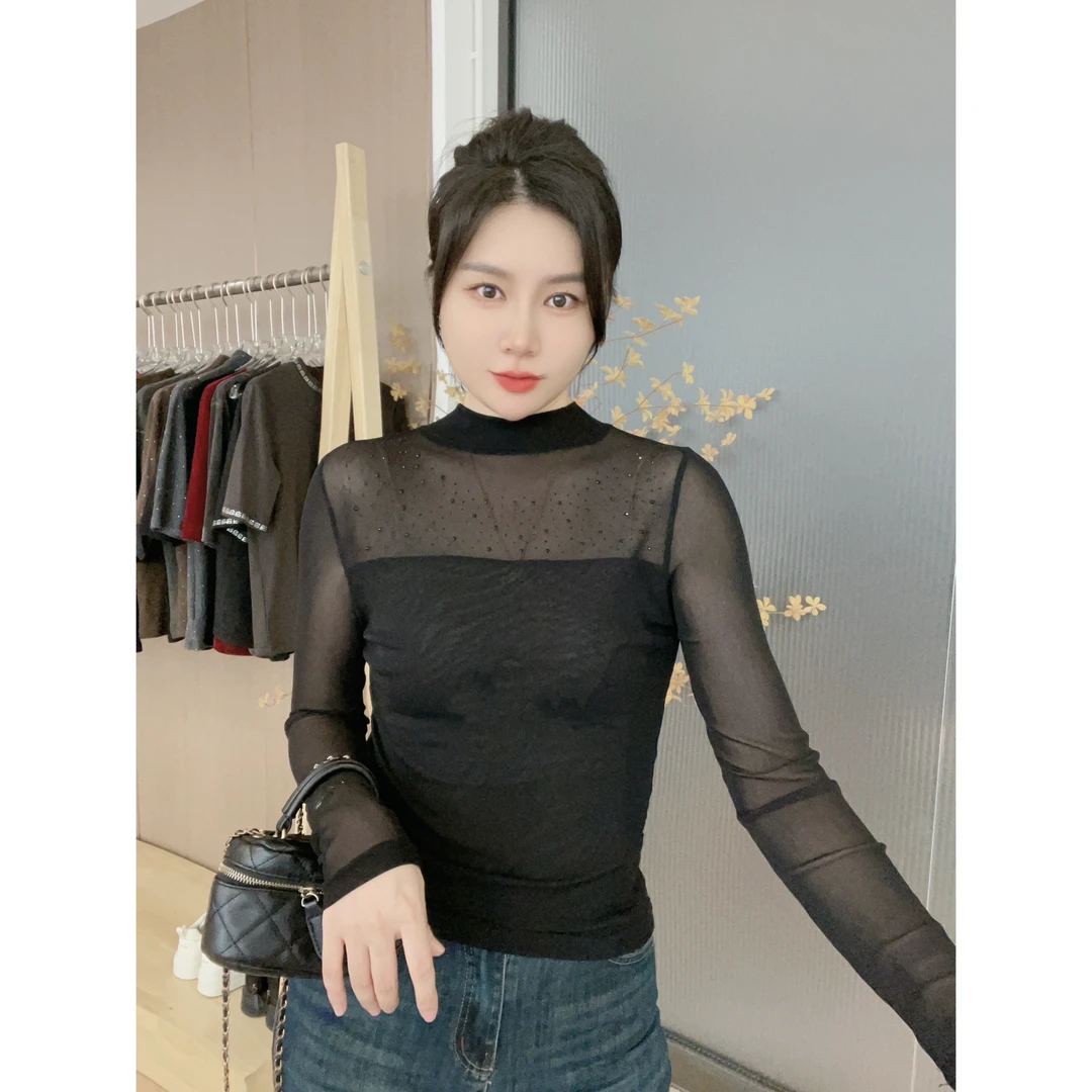 【8251】秋季新品烫钻柔软网纱上衣