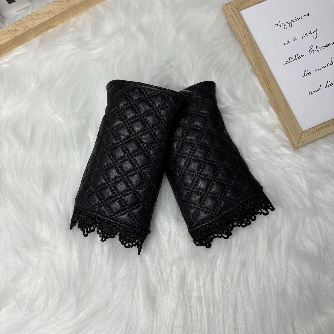 半指真羊皮手套女士时尚护腕加绒保暖可触屏半截短款蕾丝漏指手套