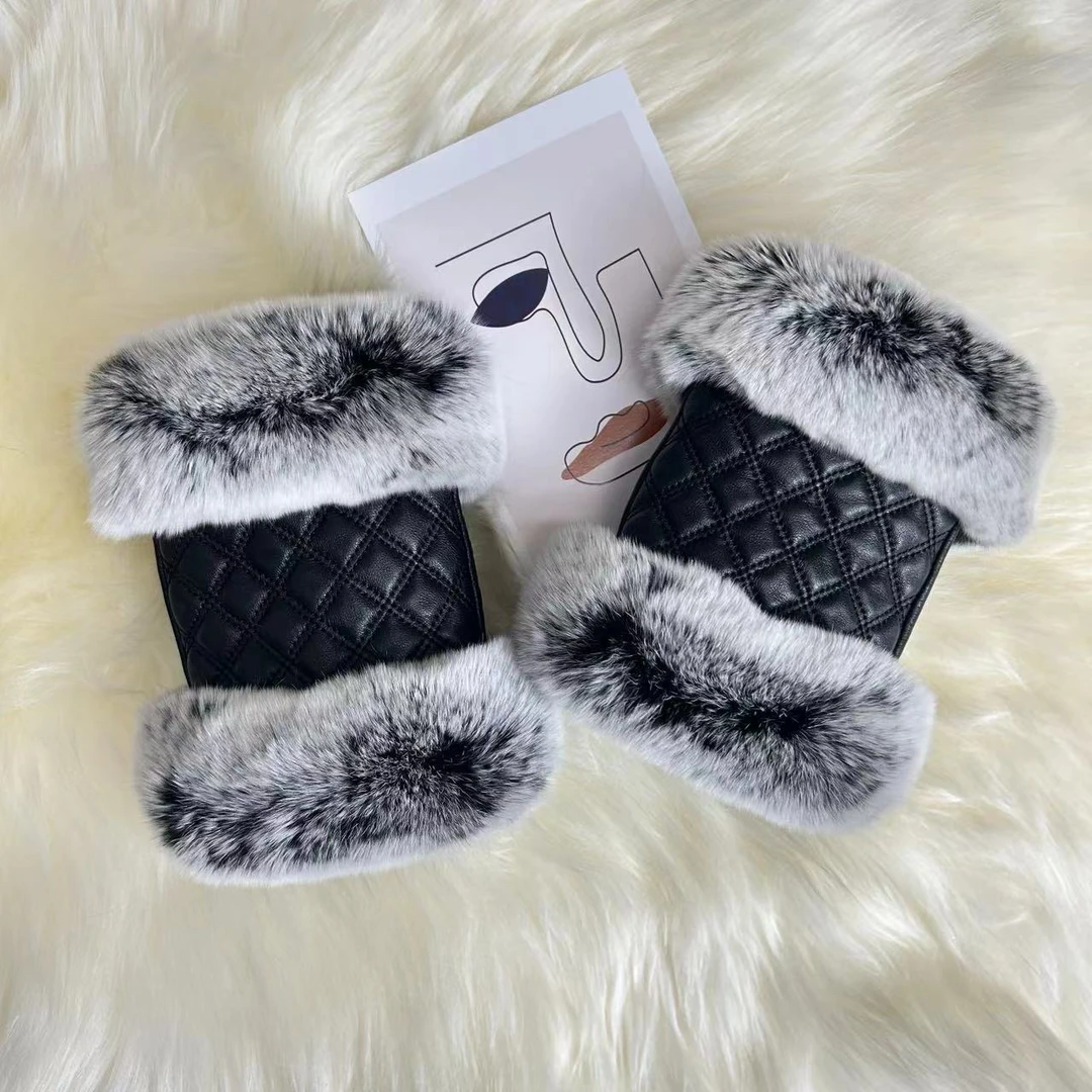 真皮半指手套女春秋露指半掌半截獭兔毛冬季加绒加厚保暖羊皮袖套