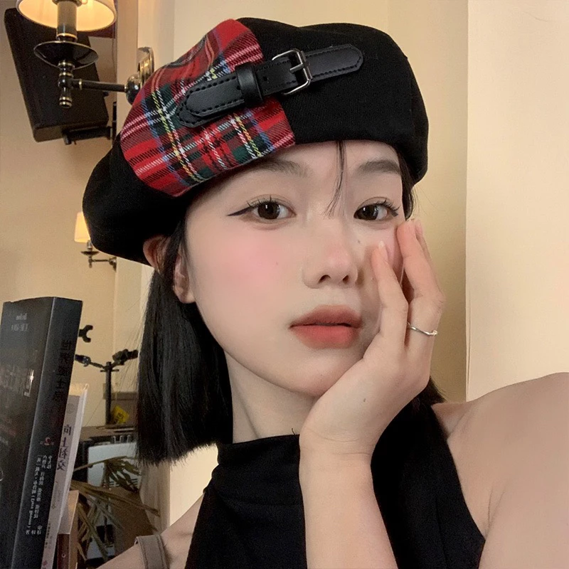 【YT】韩版日系格纹拼接贝雷帽女英伦复古显脸小百搭画家帽子时尚
