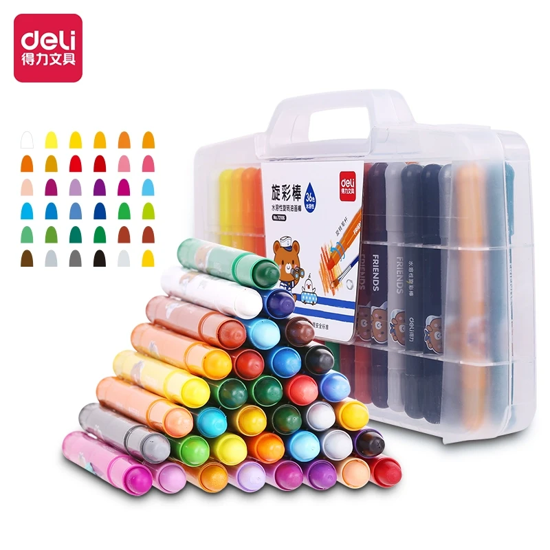 Deli/得力36色炫彩棒旋转蜡笔油画棒儿童不脏手可水洗蜡笔72106