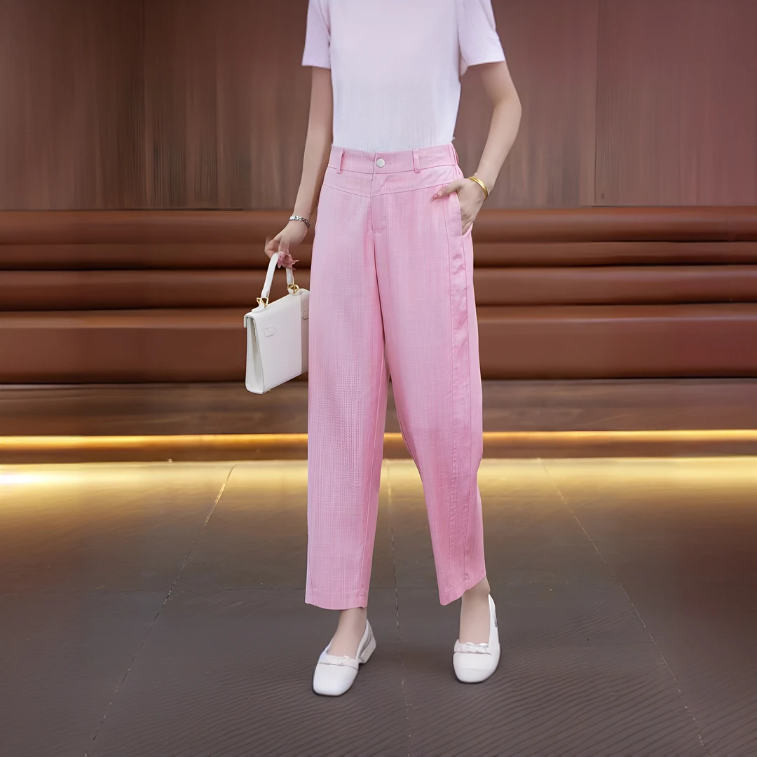 天丝亚麻休闲女裤莱赛尔纤维窄版垂感直筒裤松紧腰夏季薄款阔腿裤