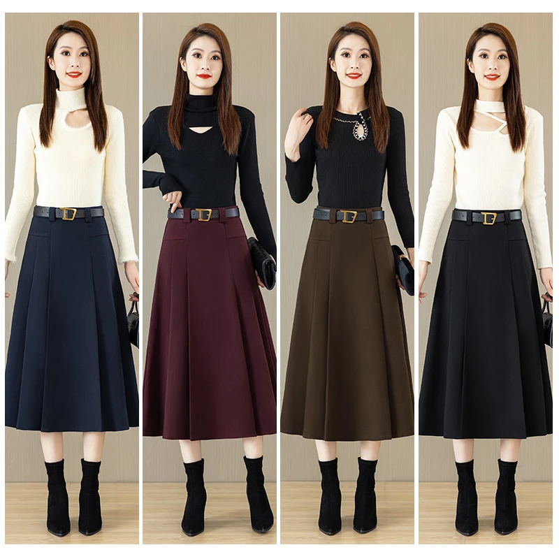 纯色毛呢半身裙女秋冬季2024新款高腰显瘦伞裙小个子a字百褶长裙