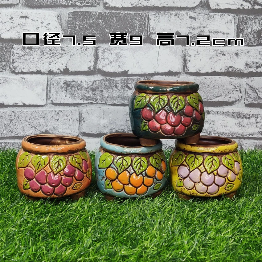 粗陶多肉植物花盆大口径手绘葡萄老桩大单头群生百搭盆栽花器清仓