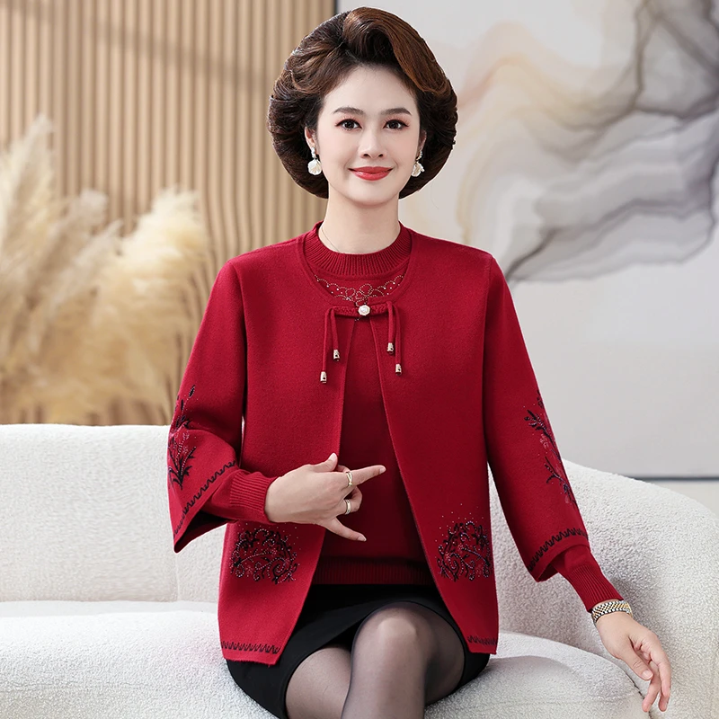 秋冬中年女士针织两件套时尚搭配中老年妈妈装长袖秋季毛衣外套