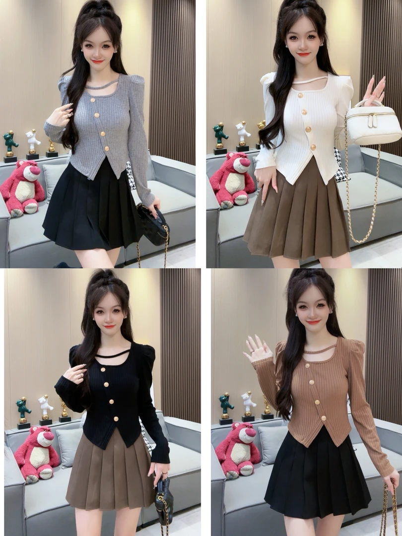 ZUIMEI「嘴妹严选」不规则辣妹减龄别致方领泡泡袖针织内搭打底衫女