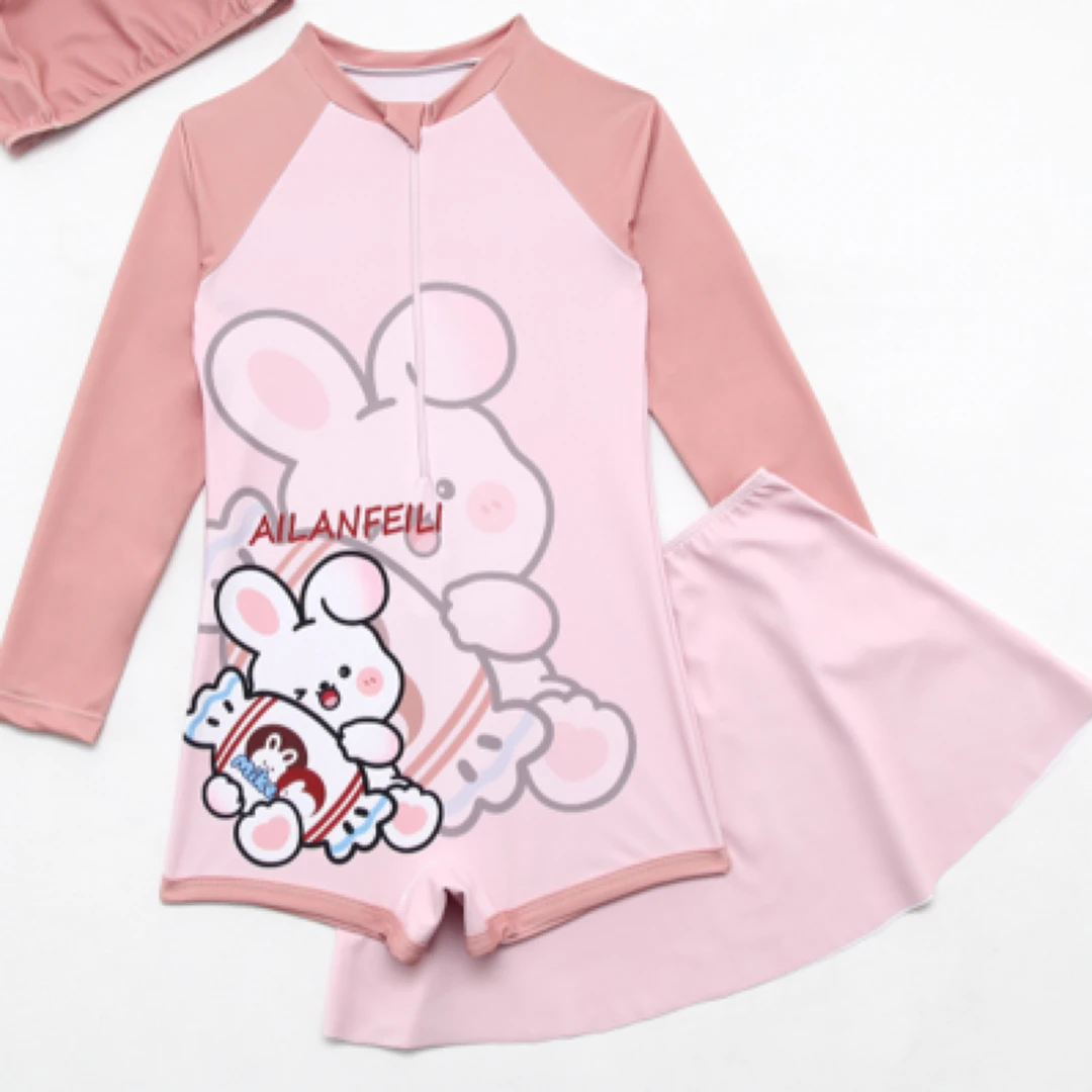 高能感女童泳衣连体防晒游泳中大童卡通保守宝宝温泉公主长袖儿童