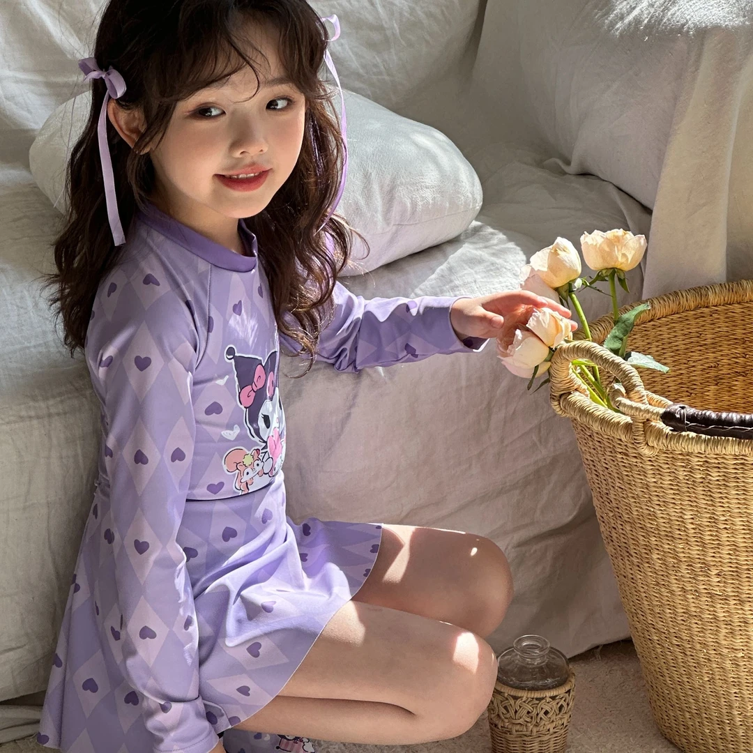 高能感女孩公主库洛米宝宝连体拉链防晒平角卡通韩系游泳衣夏季