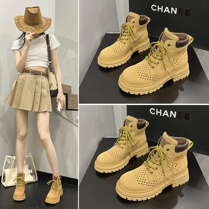 FAVMARTHA大黄靴女2024夏季镂空透气薄款凉靴皮面内增高马丁靴女