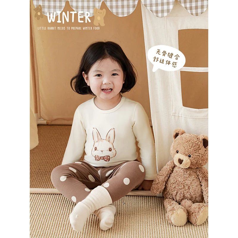 YOEHYAUL/幼悠秋冬季卡通打底内衣舒适女童家居服套装D3305 D3465