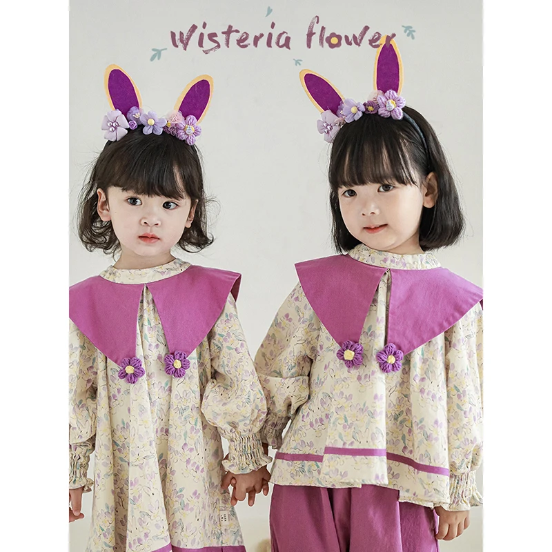YOEHYAUL/幼悠儿童娃娃衫洋气森系衬衣秋季紫藤花女秋款童装Q2202
