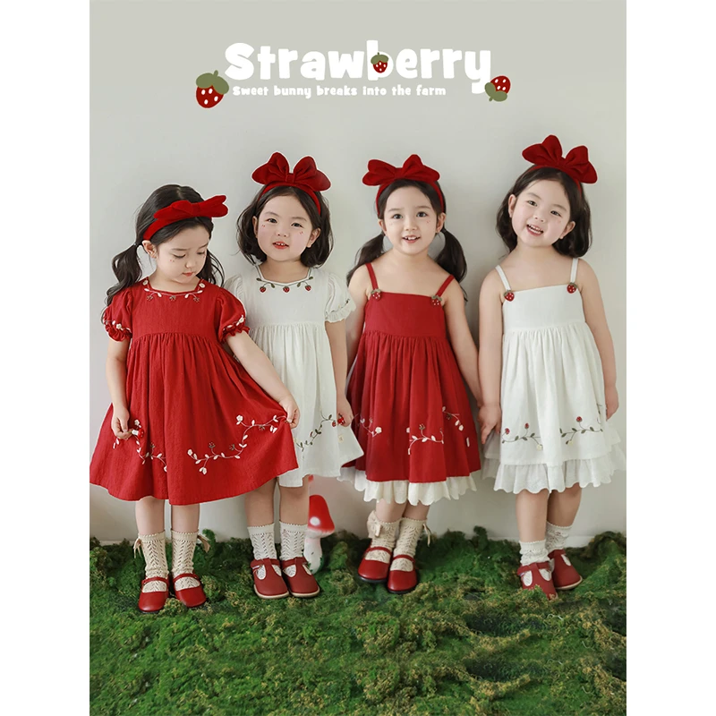 【清】幼悠夏二波洋气百搭裙子女童时尚纯色碎花草莓连衣裙 LX0231