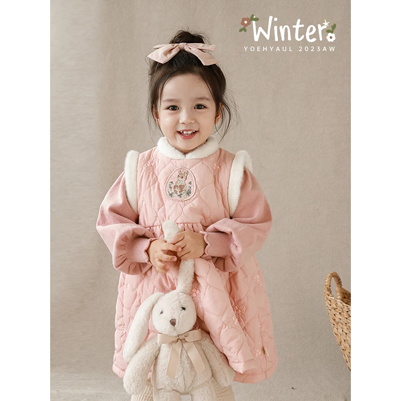 YOEHYAUL/幼悠儿童秋冬季洋气裙子女童复古卡通棉衣连衣裙 D3173