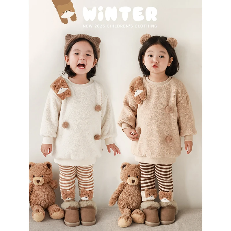 YOEHYAUL/幼悠女童卫衣套装加绒保暖宝宝打底裤秋冬D3024 D3025