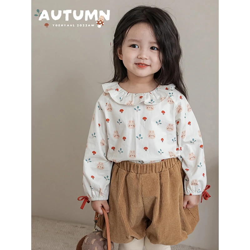幼悠儿童春秋时尚洋气衬衣女童百搭小兔子系列小童印花衬衫AQ0142
