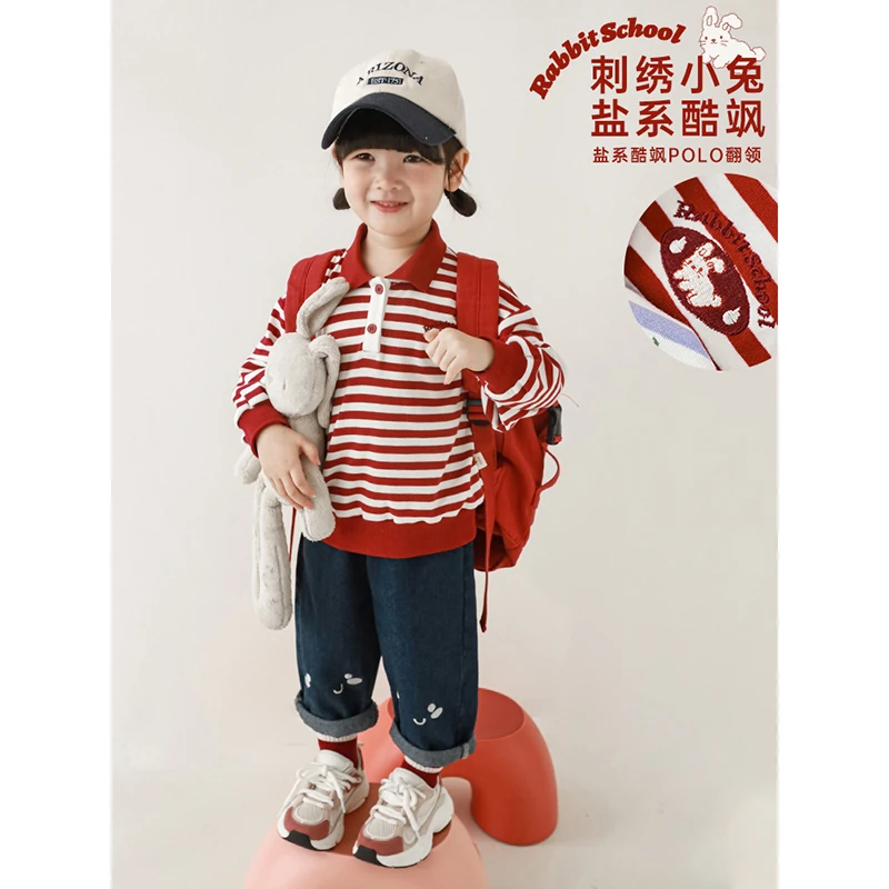 【YOEHYAUL幼悠】C2627春秋撞色运动T恤polo翻领儿童女宝套头卫衣