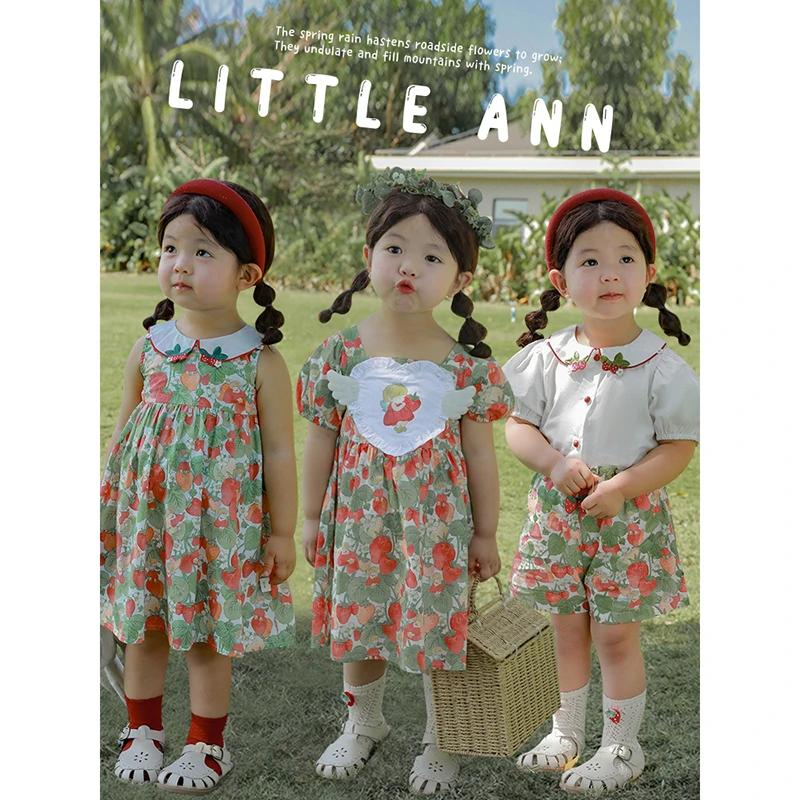 幼悠 [草莓安安]夏季背心娃娃领翅膀儿童泡泡袖连衣裙X3715 X3881