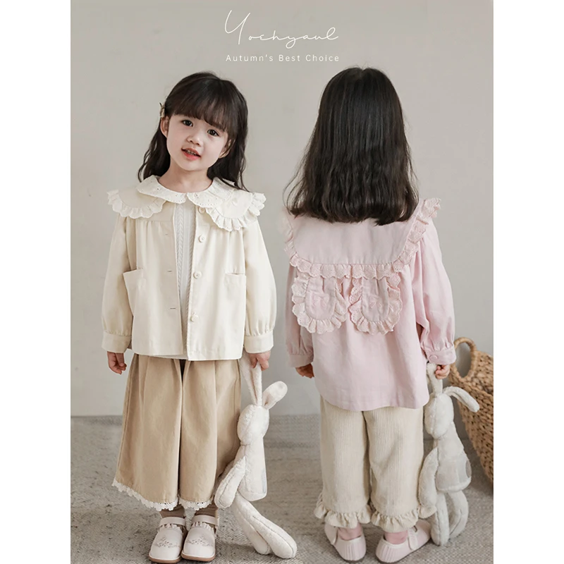 【过年放假清】幼悠季翻领风衣春秋洋气女童蕾丝娃娃领外套X4168