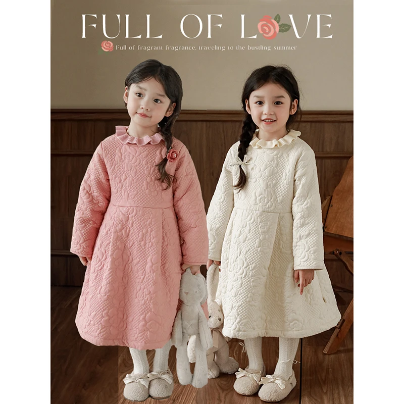 【清】幼悠女童绗绣连衣裙冬季洋气宝宝加绒公主裙D2997