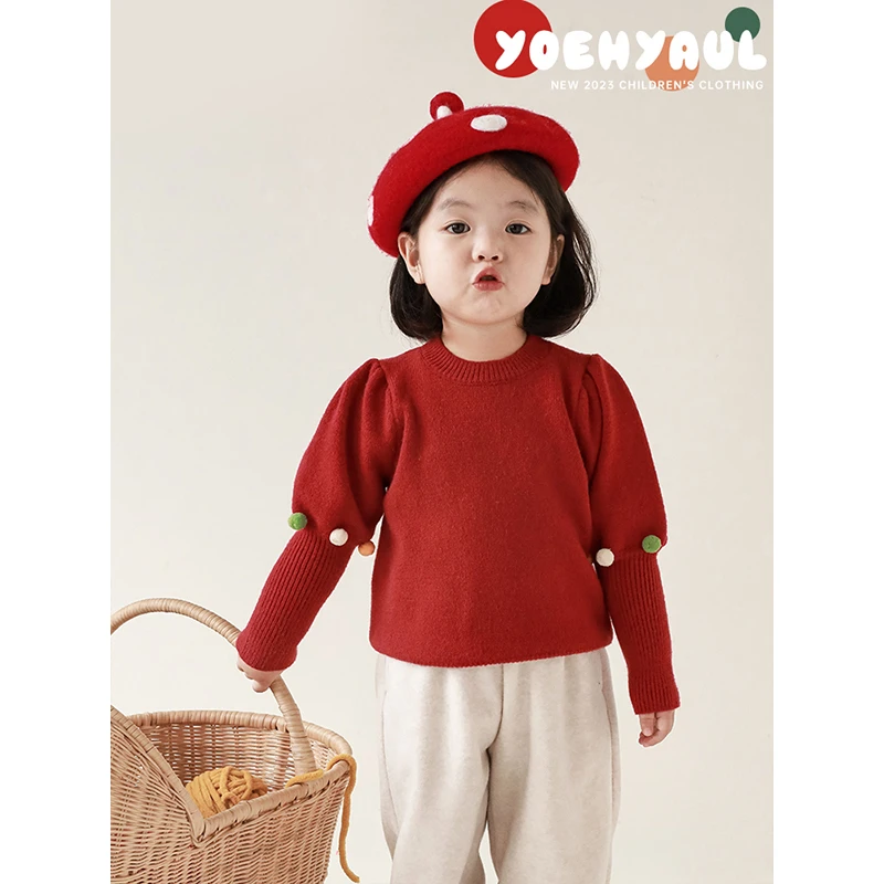 幼悠{糖丸泡泡}女童打底衫儿童红色针织衫洋气宝宝冬季童装D3116