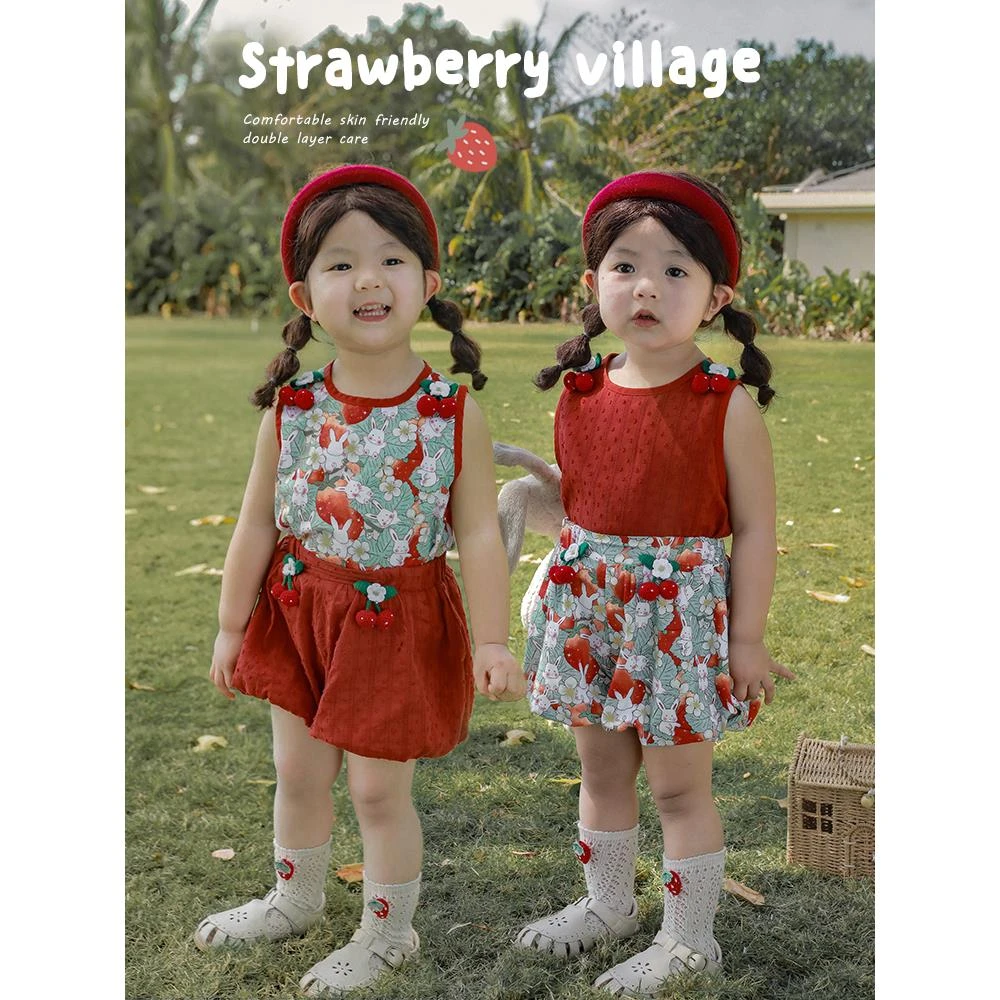 幼悠[甜莓庄园]背心无袖碎花女宝女童小童夏装吊带上衣X3556