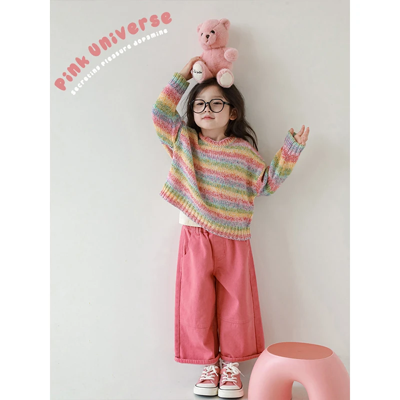 幼悠女童洋气休闲裤子秋季粉色宽松儿童俏皮活泼亲肤直筒裤Q3846