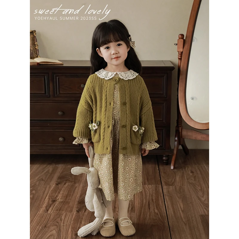 幼悠女童秋季森系蕾丝娃娃领连衣裙复古针织绣花开衫Q2958 Q3165