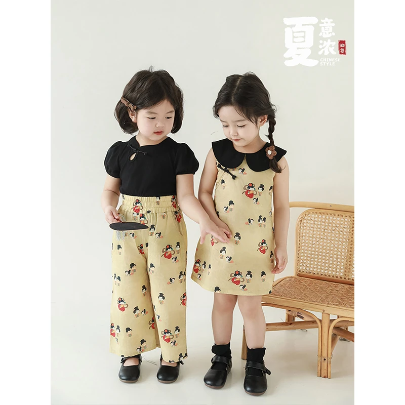 幼悠童装女童洋气复古连衣裙娃娃领儿童时尚百搭中国风裙子WX0036