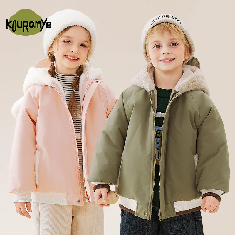 酷娃米2024年冬季新款中小男女童百搭卡通连帽加绒加厚外套20677