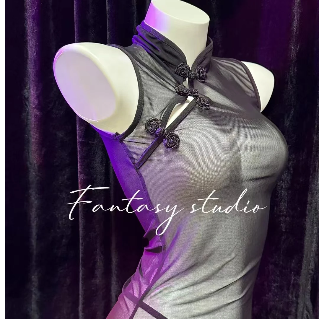 黑色旗袍睡衣中式透视网纱性感女士长款显瘦网红时尚中国风撕拉