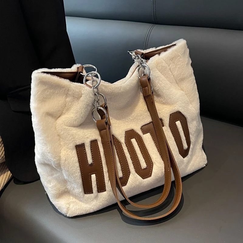 高级感大容量毛毛包包女2024新款百搭字母毛绒单肩托特包秋冬大包