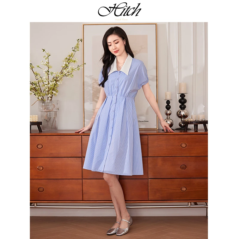 希区瑞普高端时尚娃娃领2024年夏季新款清新条纹收腰连衣裙F1620