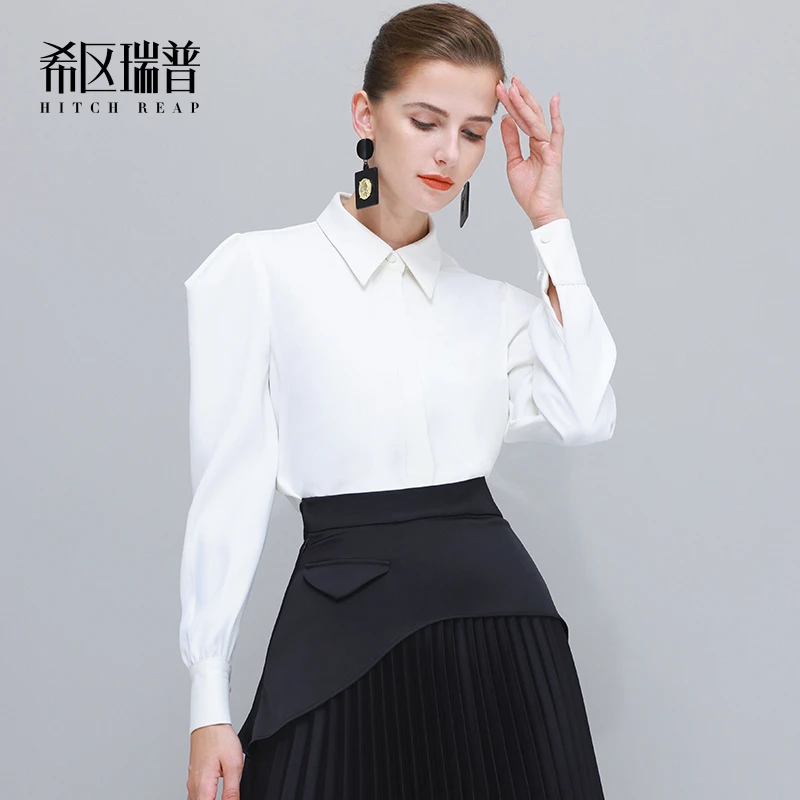 希区瑞普宽肩廓形衬衫女2024春通勤修身法式泡泡袖衬衣J0225-02