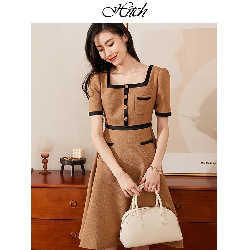 希区瑞普高端别致复古连衣裙2024夏中长款浪漫法式撞色F1605裙子