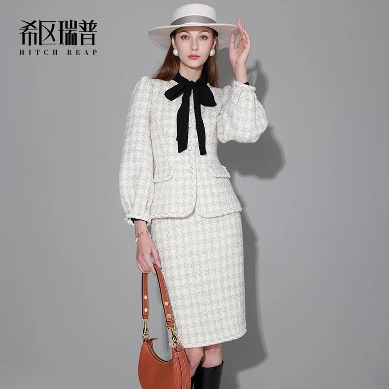 希区瑞普高级感职业套装T0380秋冬时尚简约圆领粗花呢套裙裙子