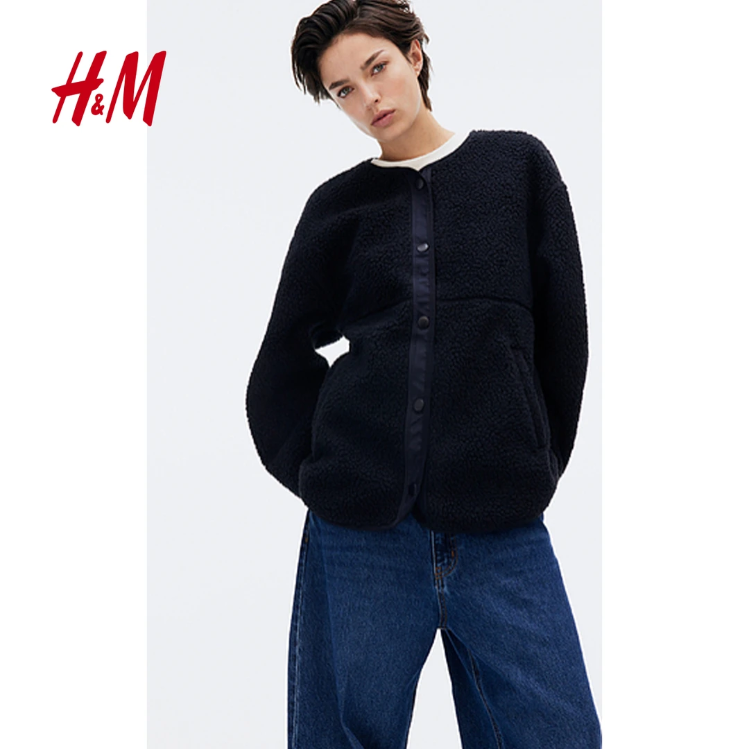 HM女装2025秋冬新款休闲圆领宽松柔软舒适泰迪绒百搭外套1248831