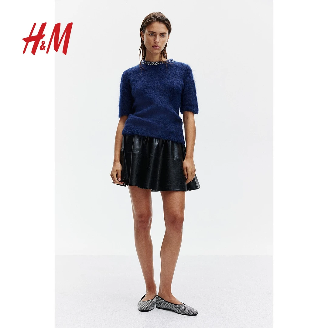 HM秋季新品女装时尚慵懒马海毛混纺圆领中袖针织上衣1251941