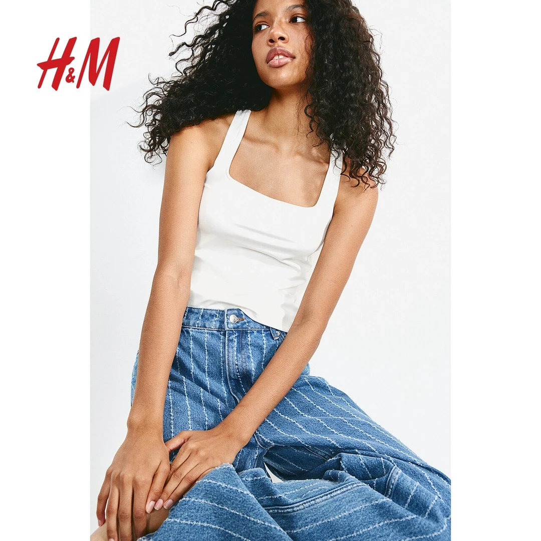 HM女装吊带夏季新款简约弹力汗布修身舒适方领短背心1248181