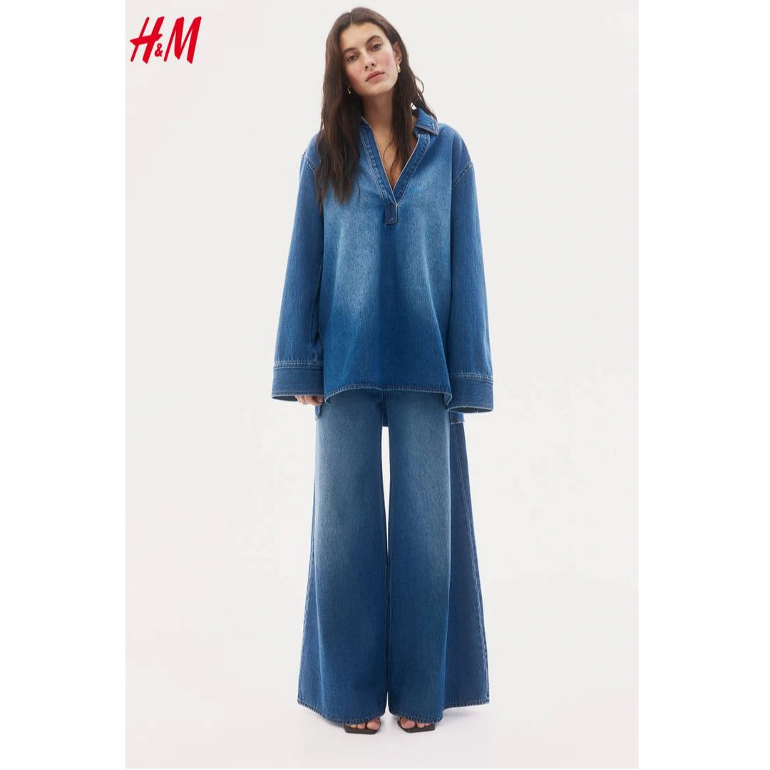 HM女装秋新品宽松版柔软棉质套头式落肩长袖牛仔衬衫1262267