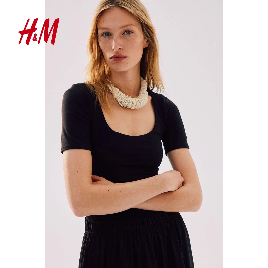 HM女装夏装简约款低领百搭柔软汗布短袖丁字裤连体紧身衣1154640