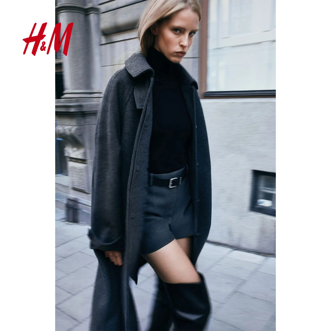 HM女装外套2025秋新款时尚休闲大廓形开衩中长款保暖大衣1249582