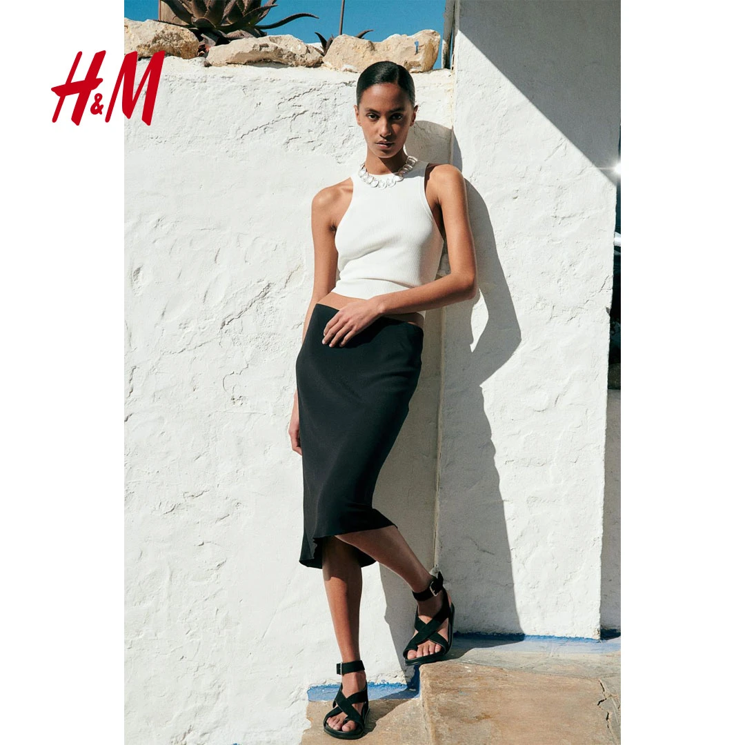 HM女装半身裙夏季新款流光风及膝锁边中长款半身裙1228903