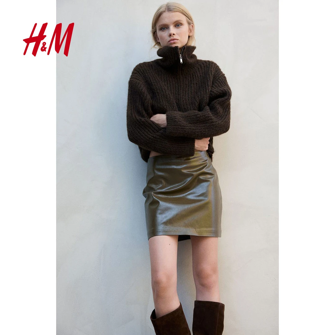 HM女士秋季新款时尚柔软高领长袖全拉链罗纹针织开衫1232384