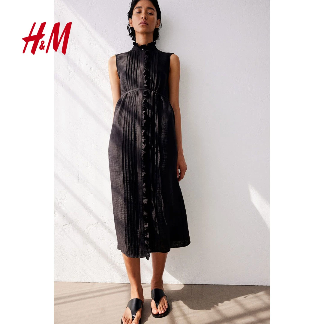 HM女装连衣裙夏季新款休闲时尚简约褶边棉细布连衣裙1236789