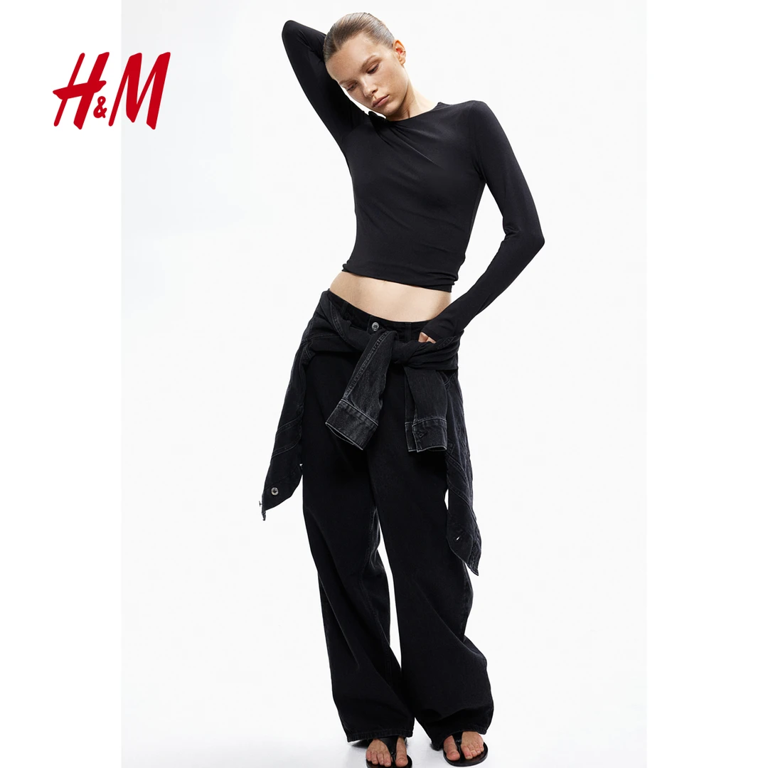 HM女装T恤秋季新款简约休闲舒适基础打底修身长袖T恤1246803