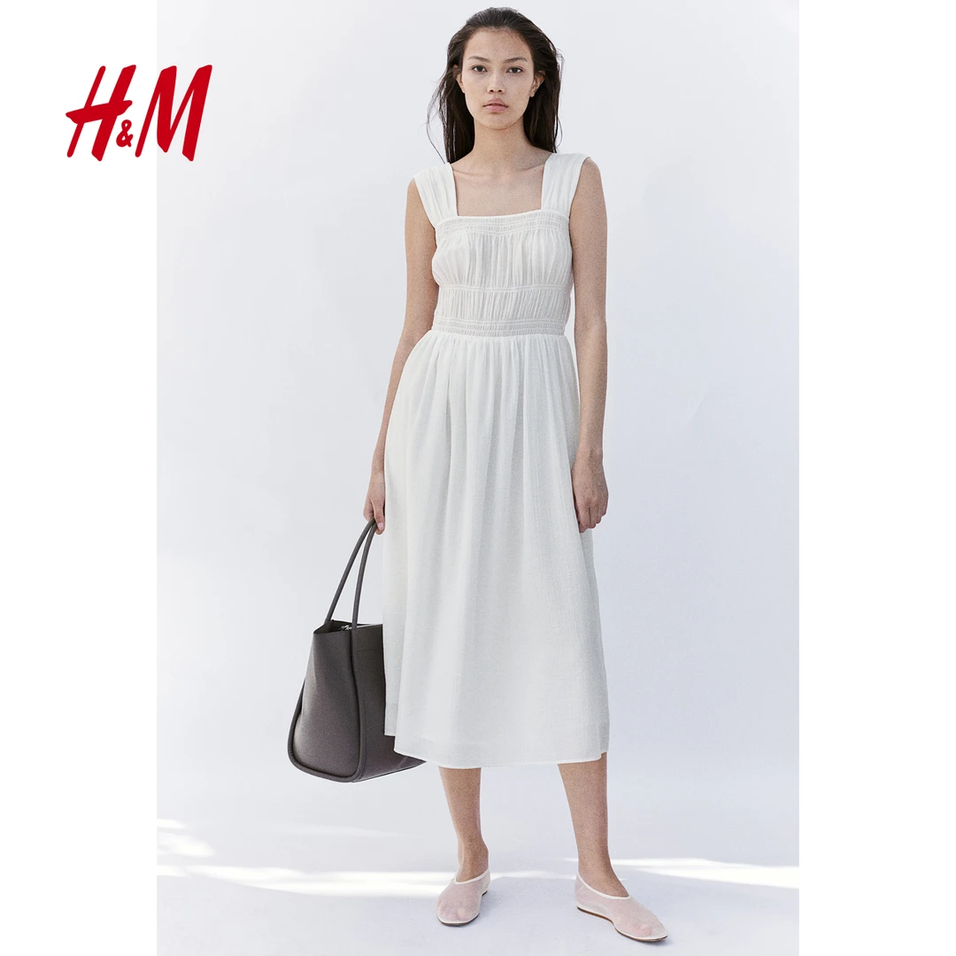 HM女装连衣裙夏新款上身缩褶棉质清新简约背心中长裙1229619