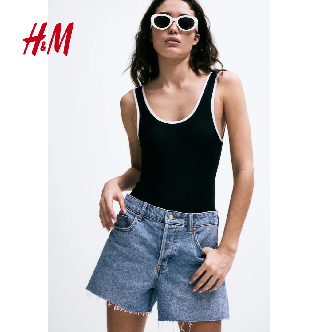 HM女装牛仔裤2024夏季新款复古时尚简约毛边显瘦牛仔短裤1222130