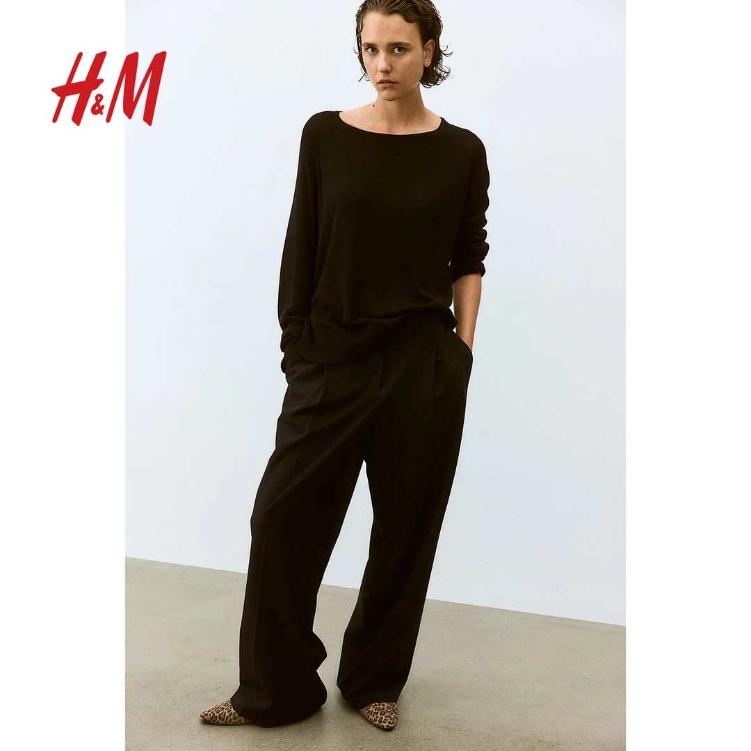 HM女装秋季新款时尚柔软圆领简约风宽松通勤针织套衫1215703