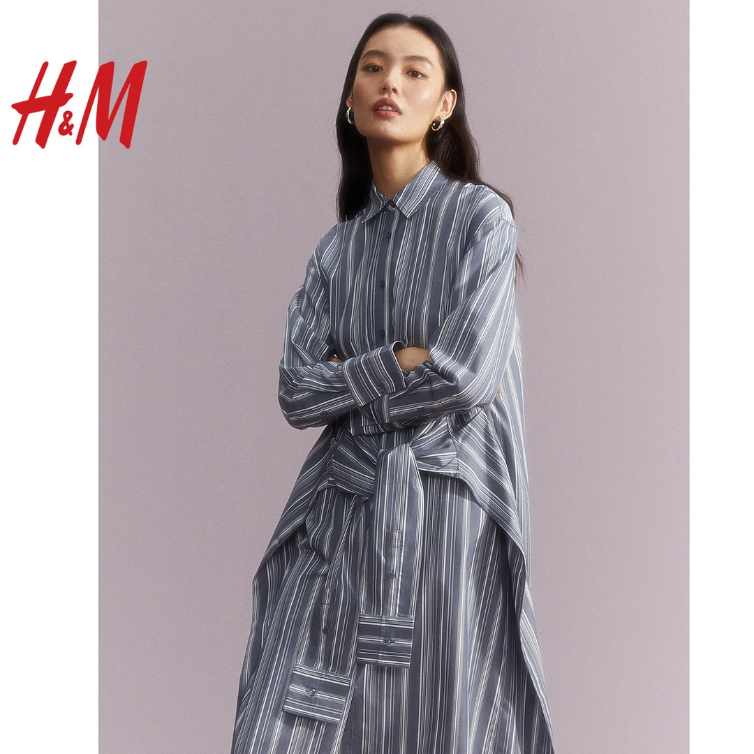 HM女装连衣裙秋季休闲时尚拼接设计条纹系带衬衫式中长裙1211490