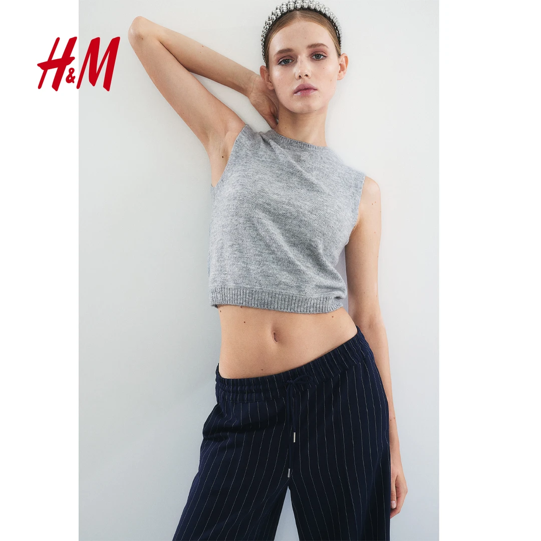 HM秋季新款女装简约柔软罗纹圆领百搭针织毛线短背心1254753